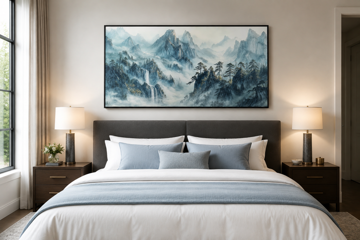 Traditional Chinese mountain landscape framed canvas wall art above a bed in a modern bedroom.