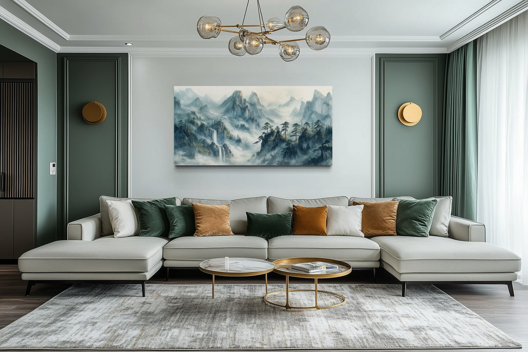 Traditional Chinese Shan Shui Hua mountain landscape framed canvas wall art in a modern living room.