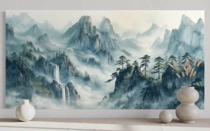 Traditional Chinese Shan Shui Hua style canvas art featuring misty mountains and waterfalls.