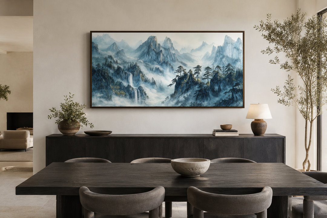 Traditional Chinese mountain landscape framed canvas wall art in Shan Shui Hua style above a buffet.