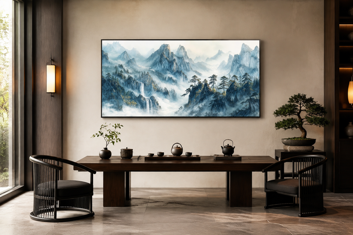 Framed Shan Shui Hua style canvas wall art of misty blue mountains above a traditional tea room.