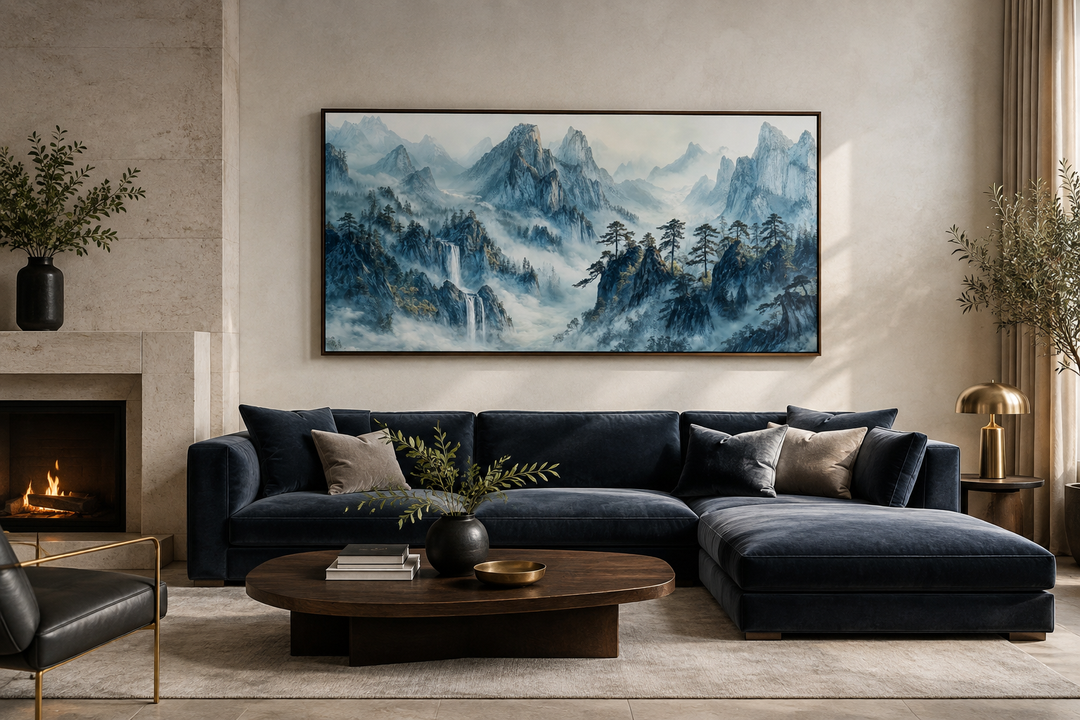Framed Shan Shui Hua style canvas wall art of misty blue mountains above a dark blue velvet sofa.