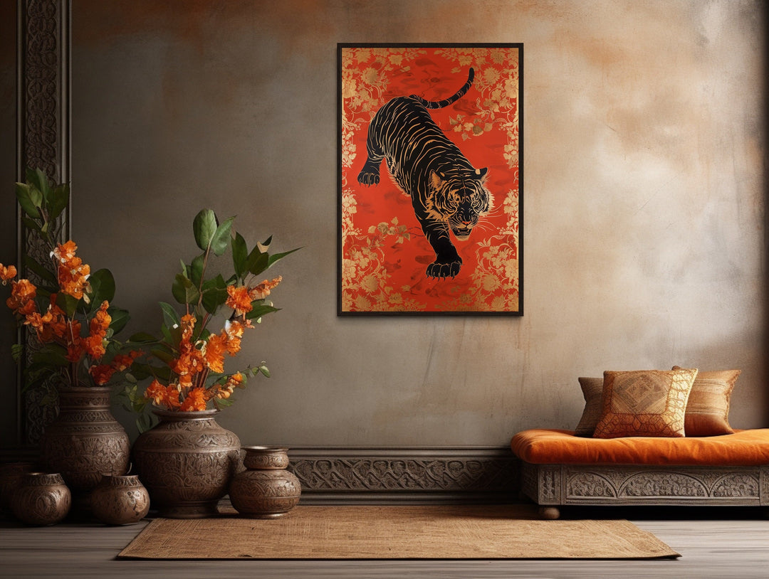 Traditional Indian Tiger Wall Art On Red Background Framed Canvas Wall Art