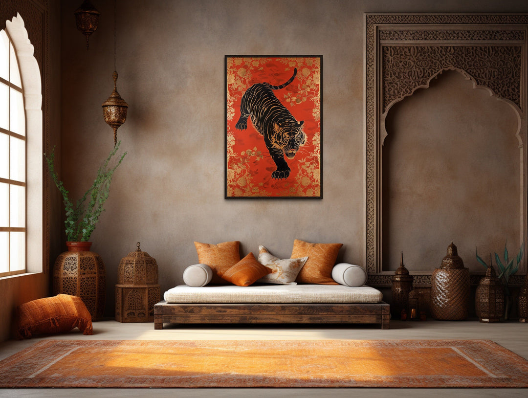 Traditional Indian Tiger Wall Art On Red Background Framed Canvas Wall Art