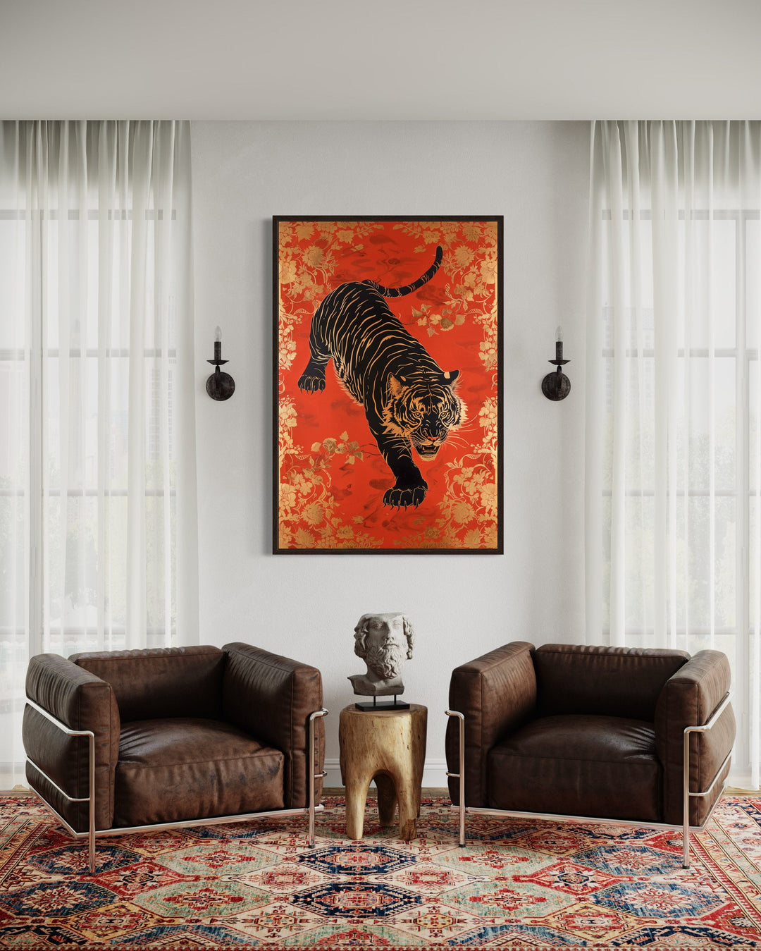 Traditional Indian Tiger Wall Art On Red Background Framed Canvas Wall Art