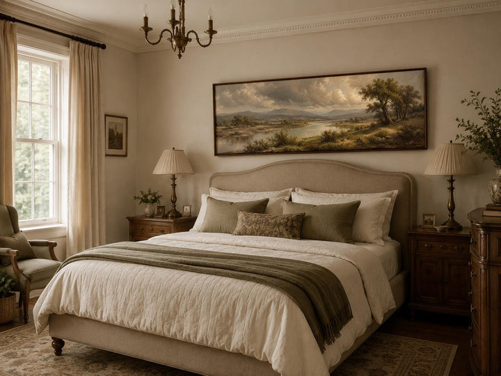 Traditional landscape canvas of a moody river valley above a bed in a classic bedroom.