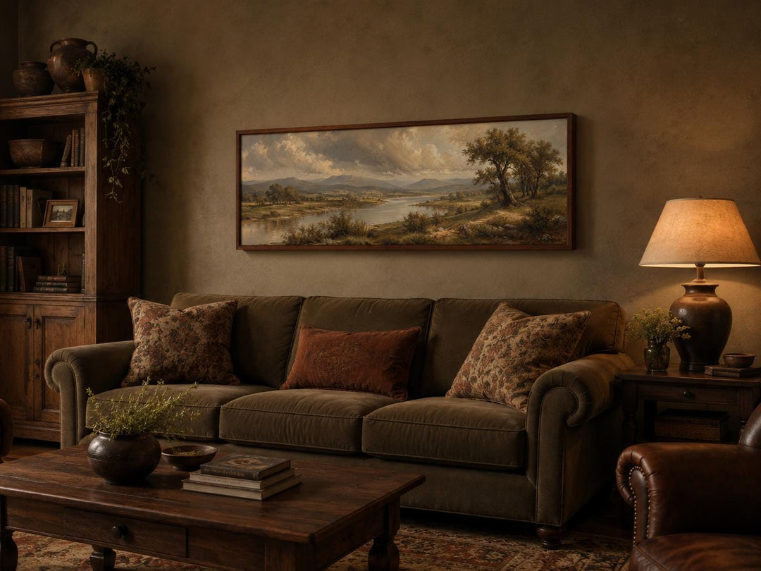 Traditional landscape canvas of a moody river valley hanging above a brown sofa in a cozy room.