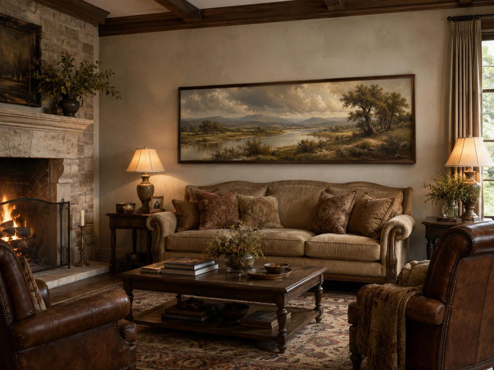 Long horizontal canvas print of a moody river valley landscape above a traditional tan sofa.