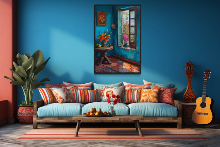 Traditional Mexico room wall art featuring a blue interior with a window, table, and flowers.