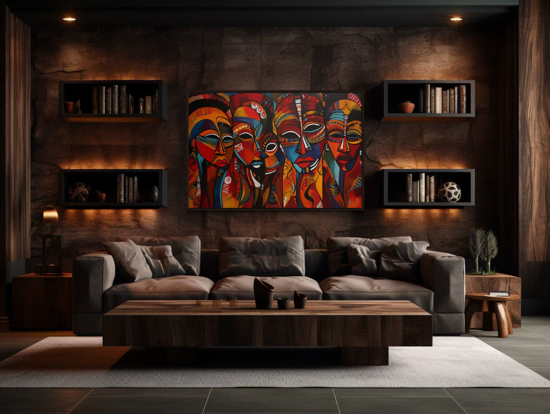 Traditional Red African Masks Framed Canvas Wall Art