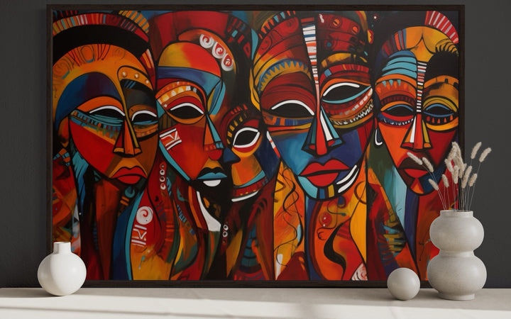 Traditional Red African Masks Framed Canvas Wall Art