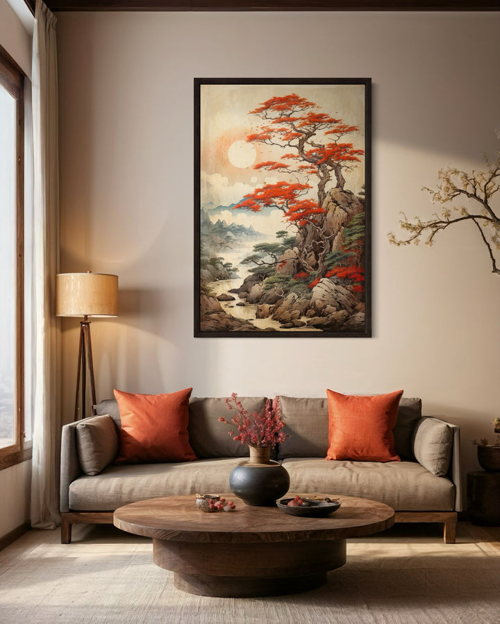 Traditional Ukiyo E Style Japanese Maple Tree Landscape Framed Canvas Wall Art