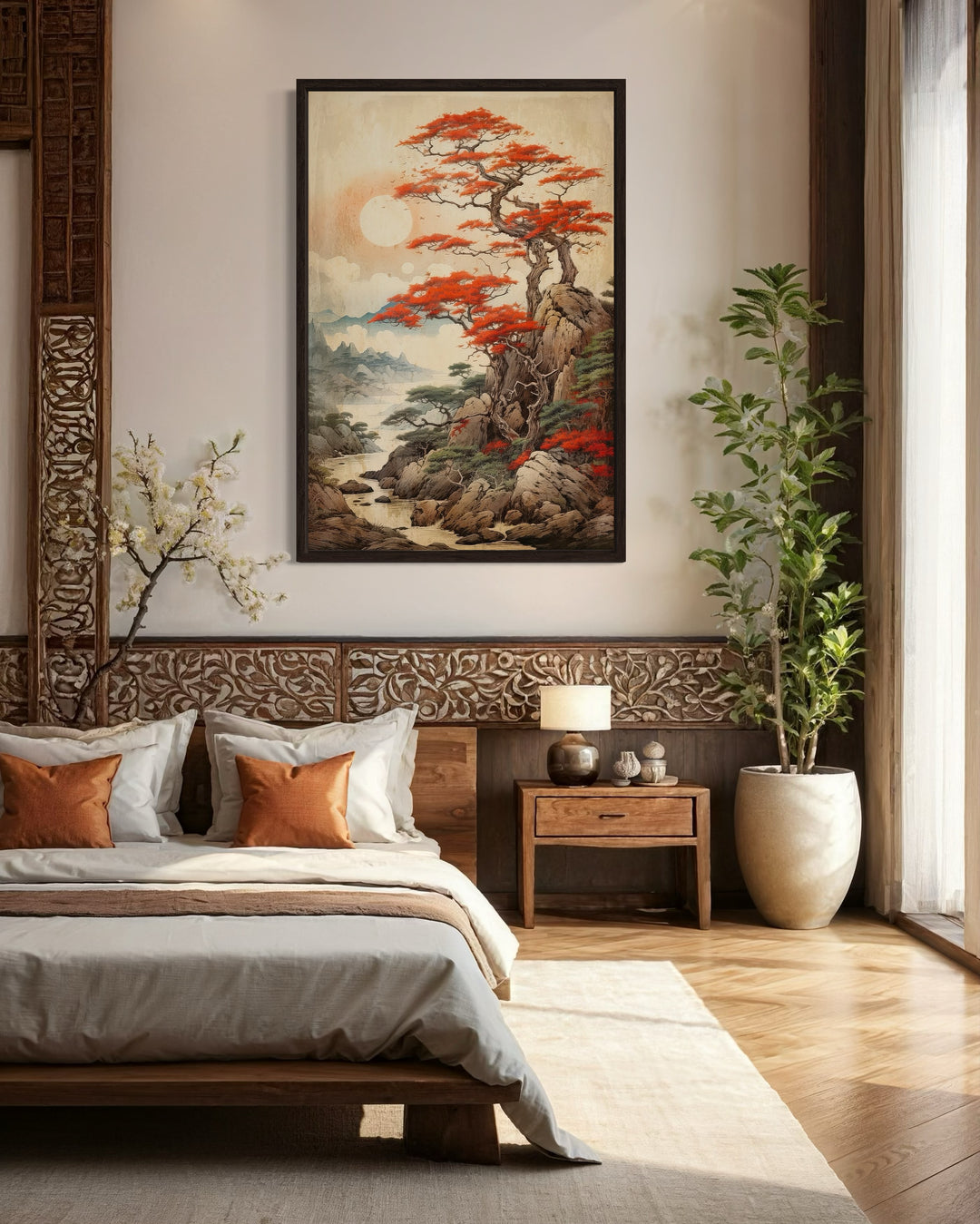 Traditional Ukiyo E Style Japanese Maple Tree Landscape Framed Canvas Wall Art