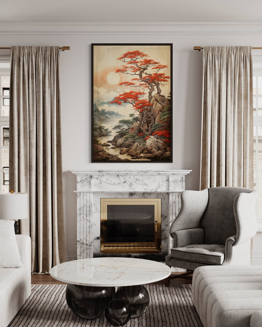 Traditional Ukiyo E Style Japanese Maple Tree Landscape Framed Canvas Wall Art