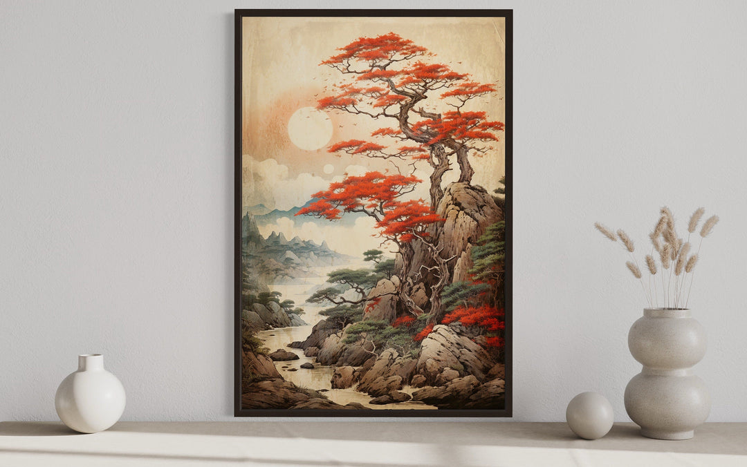 Traditional Ukiyo E Style Japanese Maple Tree Landscape Framed Canvas Wall Art