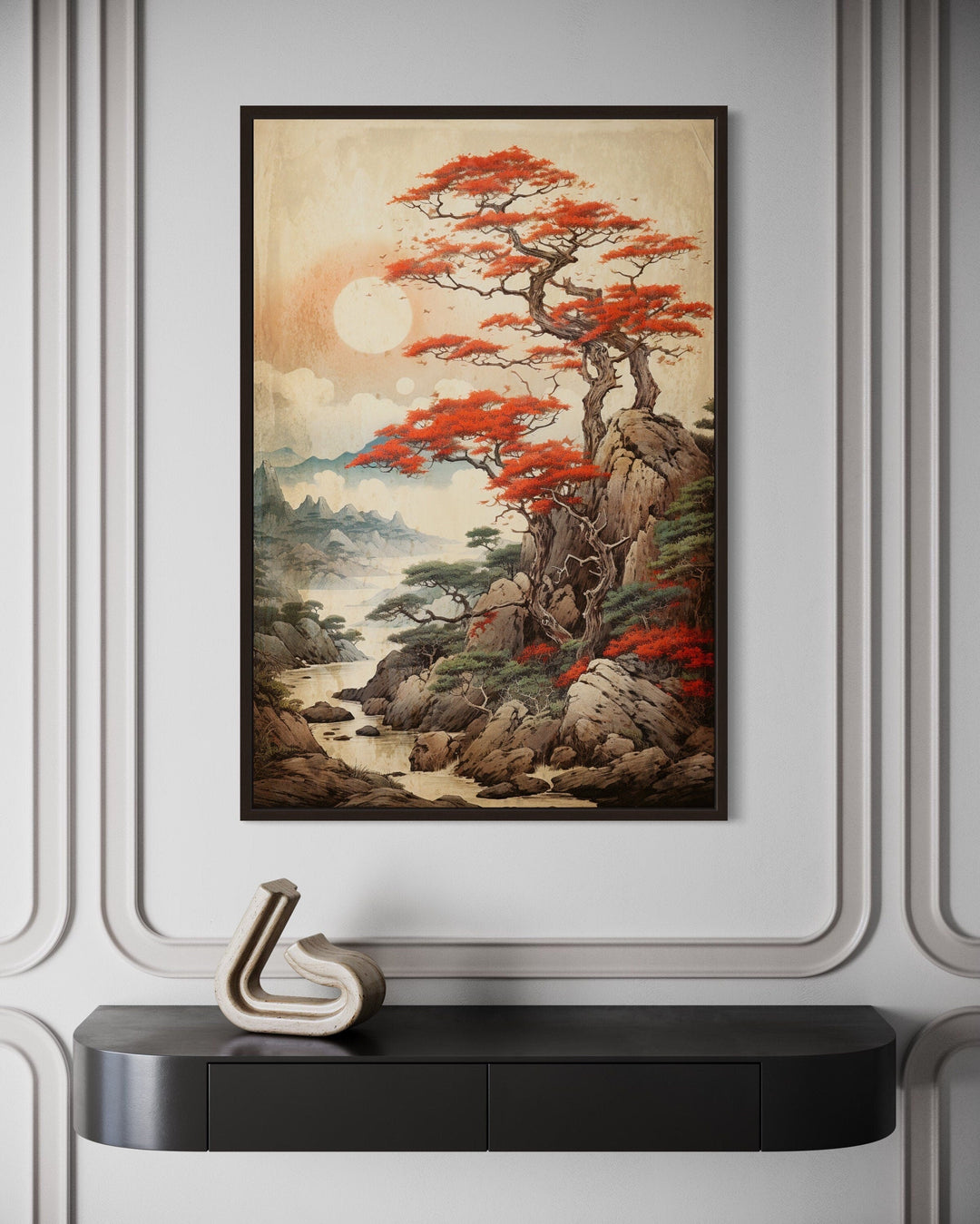 Traditional Ukiyo E Style Japanese Maple Tree Landscape Framed Canvas Wall Art