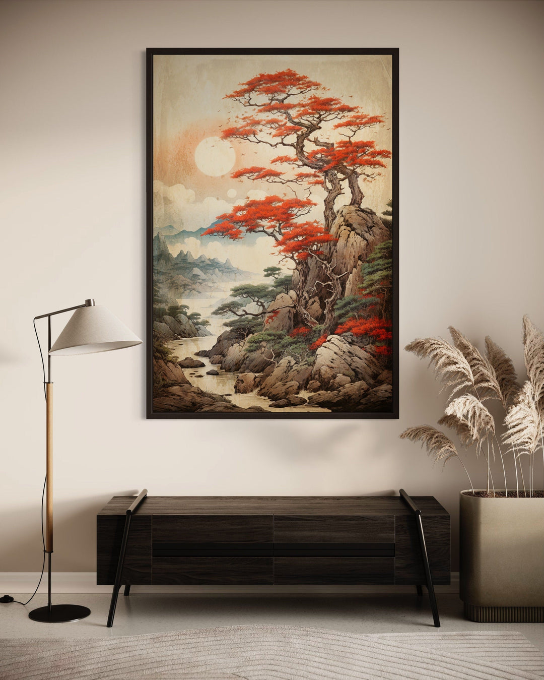 Traditional Ukiyo E Style Japanese Maple Tree Landscape Framed Canvas Wall Art