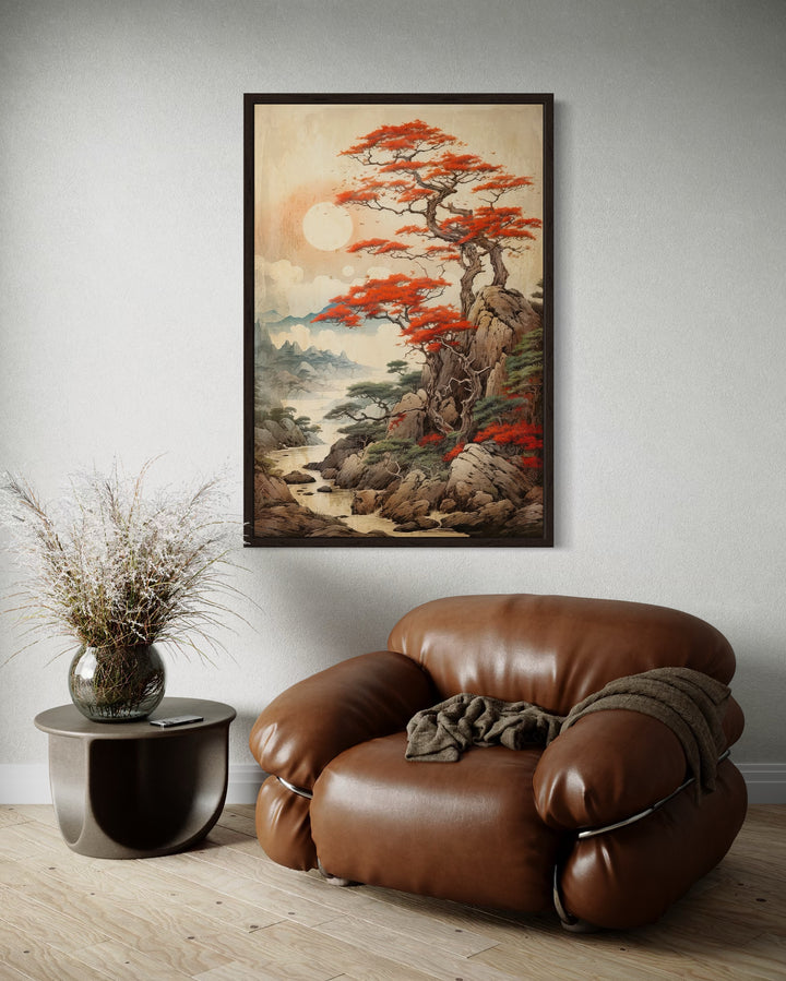 Traditional Ukiyo E Style Japanese Maple Tree Landscape Framed Canvas Wall Art