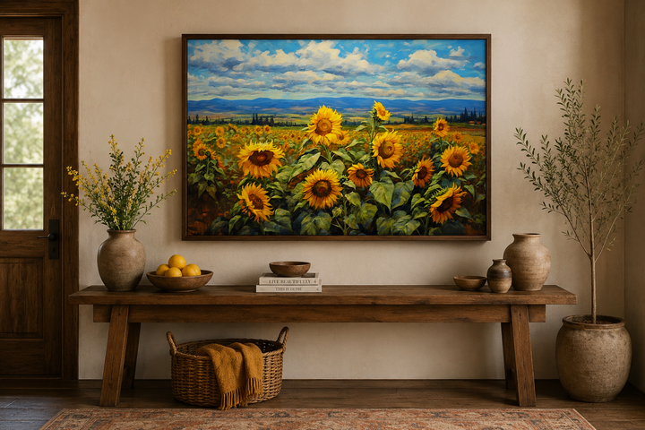 Traditional Ukrainian sunflower field painting in a dark wood frame above a rustic wooden bench.