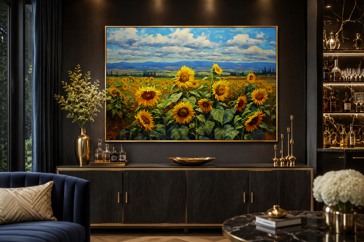 Traditional Ukrainian sunflower field framed canvas wall art above a dark wood sideboard.