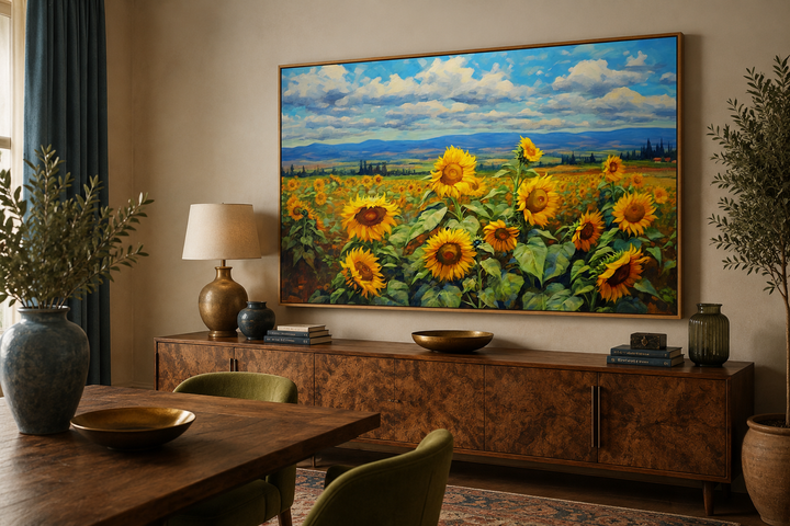 Traditional Ukrainian sunflower field framed canvas wall art above a wooden sideboard.