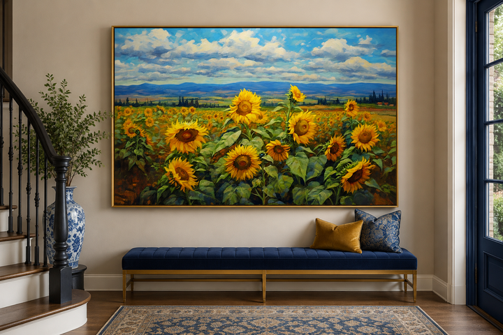 Traditional Ukrainian sunflower field framed canvas wall art in a gold frame above a blue bench.