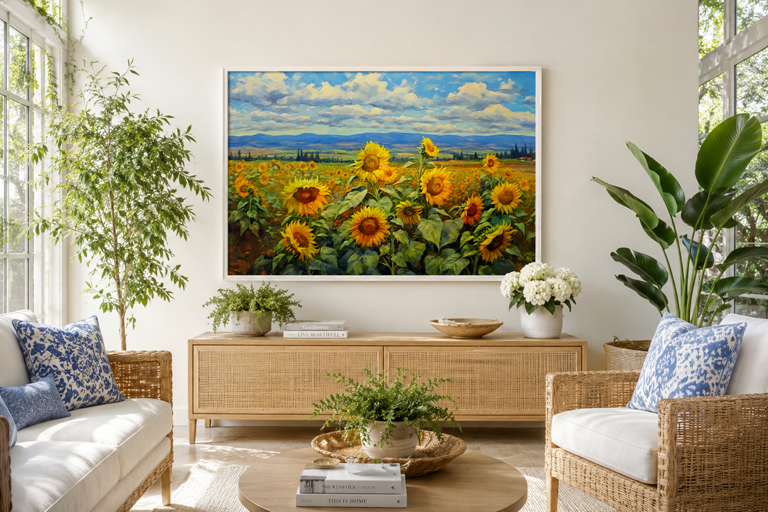 Traditional Ukrainian sunflower field framed canvas wall art in a bright, sunlit living room.