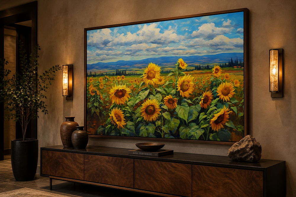 Traditional Ukrainian sunflower field framed canvas wall art above a dark wood console table.