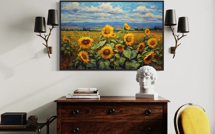 Traditional Ukrainian sunflower field framed canvas wall art above a wooden dresser.