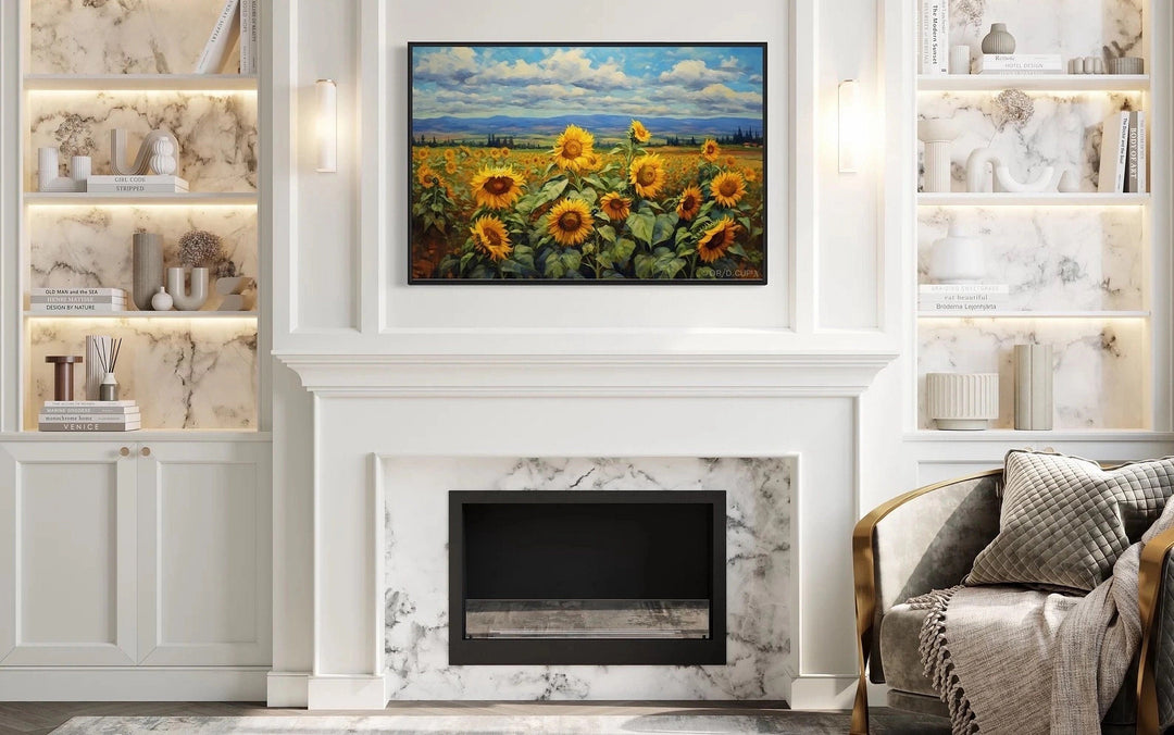 Traditional Ukrainian sunflower field framed canvas wall art hanging above a white fireplace.