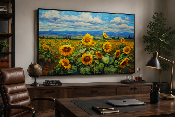 Traditional Ukrainian sunflower field framed canvas wall art displayed in a home office setting.