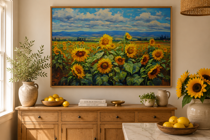 Traditional Ukrainian sunflower field framed canvas wall art above a wooden sideboard.
