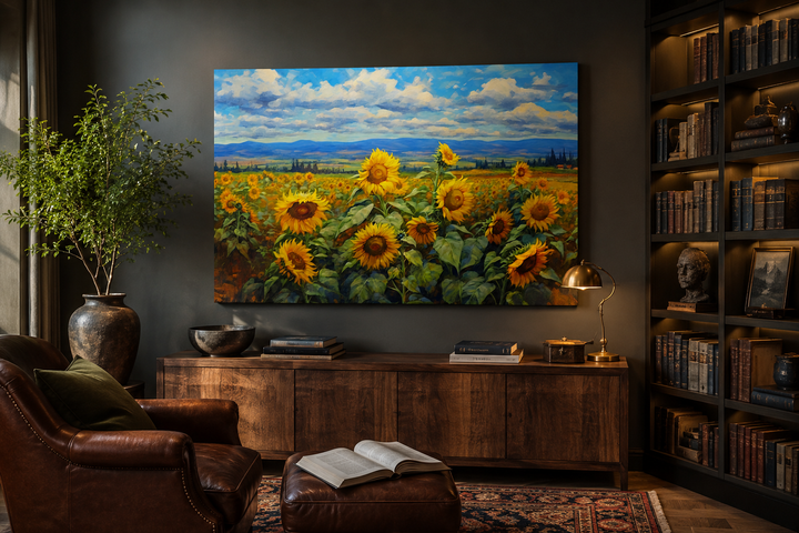Traditional Ukrainian sunflower field canvas wall art in a dark, cozy study with a leather chair.