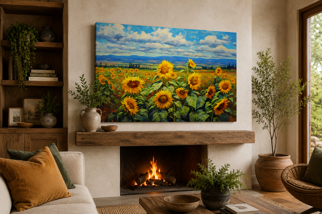 Traditional Ukrainian sunflower field canvas wall art displayed above a rustic fireplace mantel.