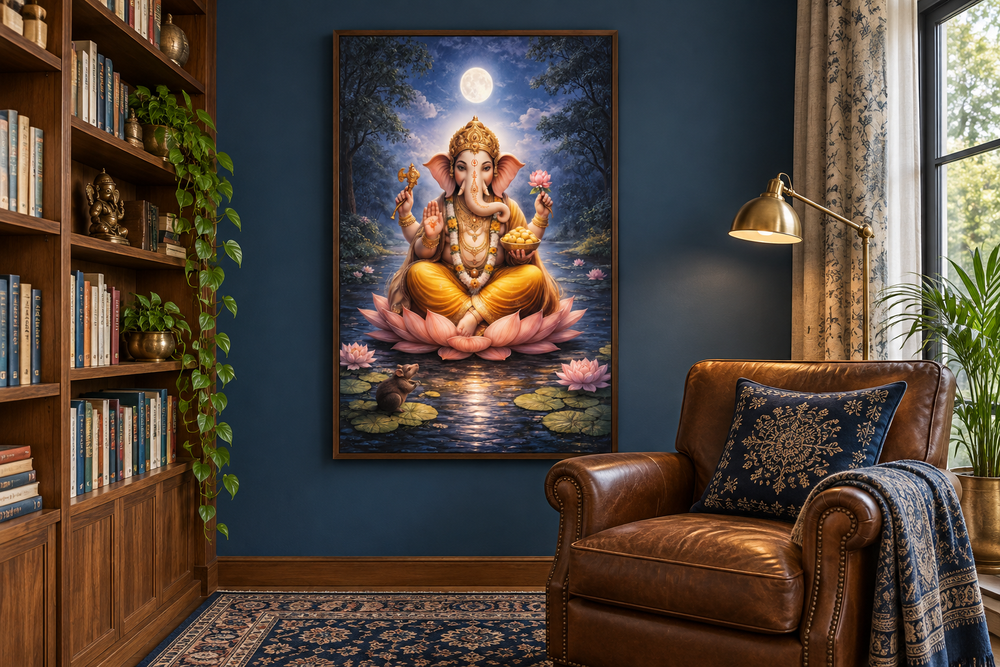 Ganesh wall art canvas print of Lord Ganesh on a lotus in a cozy, dark blue living room.