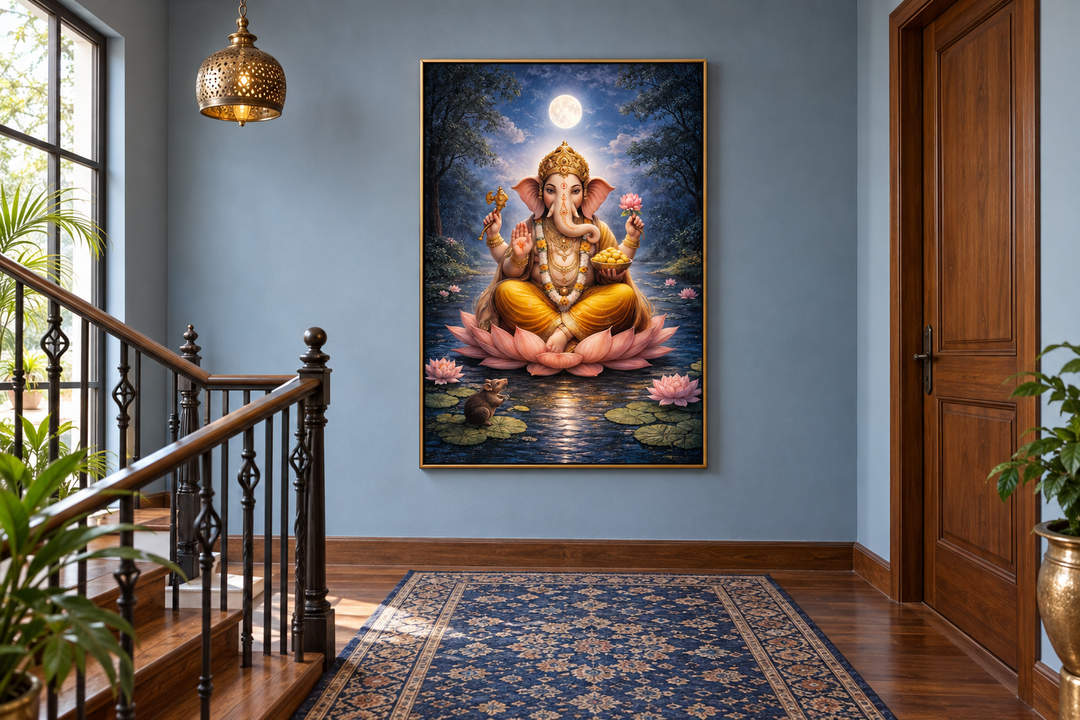 Traditional Ganesh canvas print on a blue wall above a patterned rug in a home entryway.