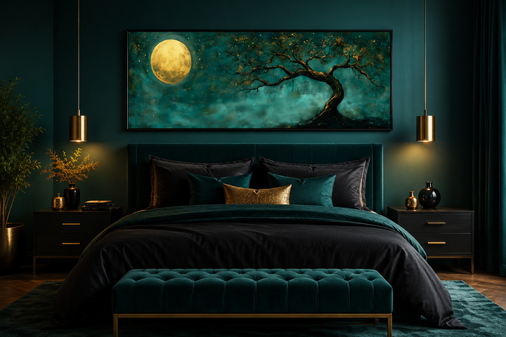 Long horizontal wall art of a golden moon and tree over a bed in an emerald green bedroom.