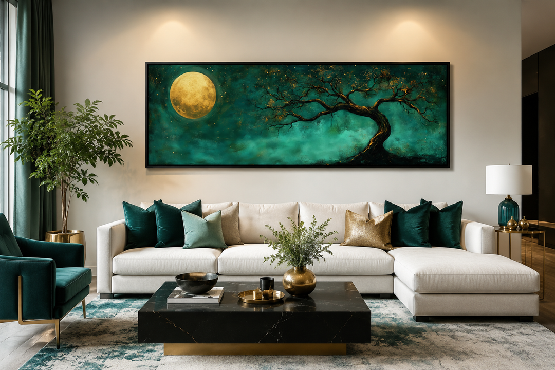 Tree and moon emerald green and gold long horizontal wall art framed above a white sofa.