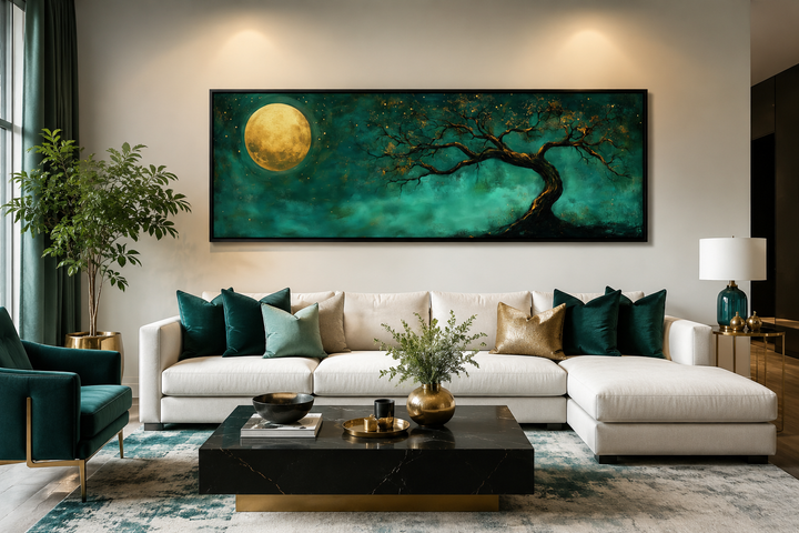 Tree and moon emerald green and gold long horizontal wall art framed above a white sofa.