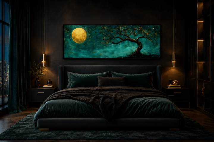 Long horizontal wall art of a golden moon and tree over a bed in an emerald green bedroom.
