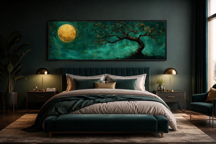 Long horizontal wall art of a golden moon and tree on an emerald green background above a bed.