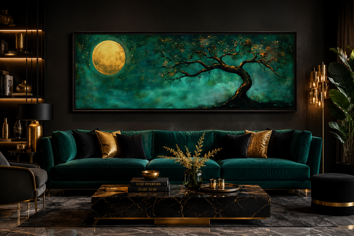 Long horizontal wall art of a golden moon and tree on an emerald green background above a sofa.