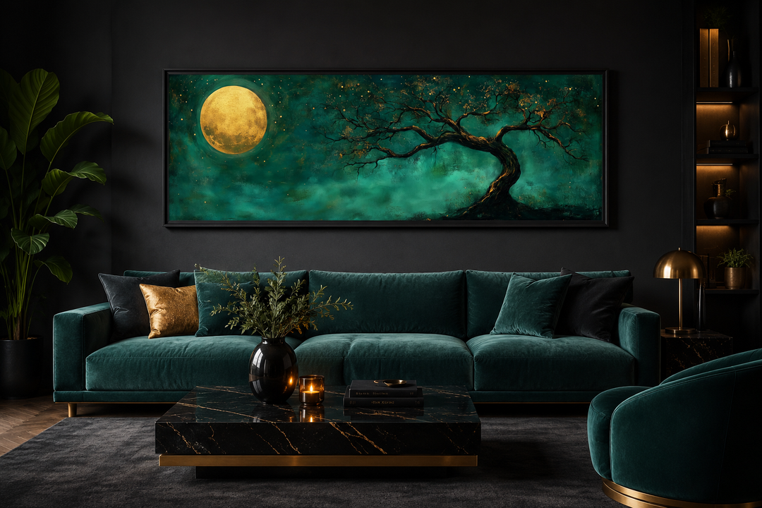 Long horizontal wall art of a golden moon and tree on an emerald green background above a sofa.