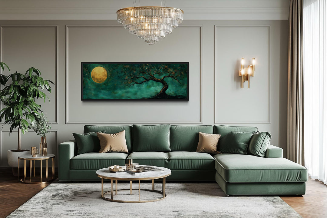 Tree And Moon Emerald Green and Gold Long Horizontal Wall Art