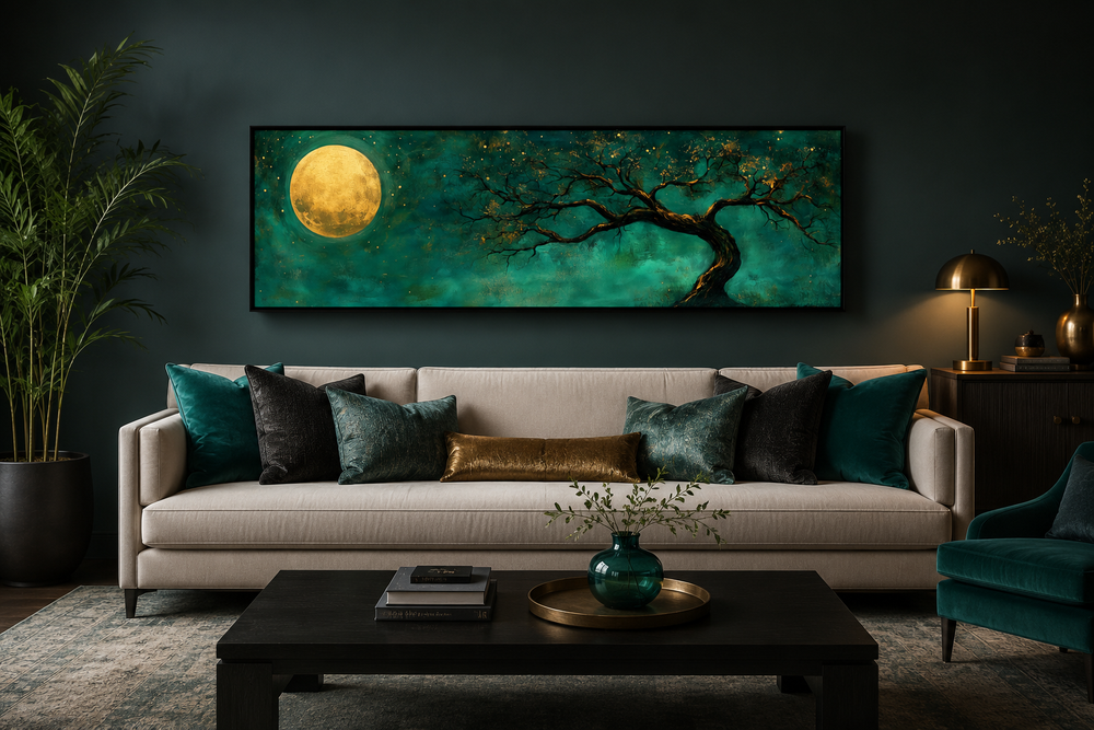 Long horizontal wall art of a golden moon and tree on an emerald green background above a sofa.