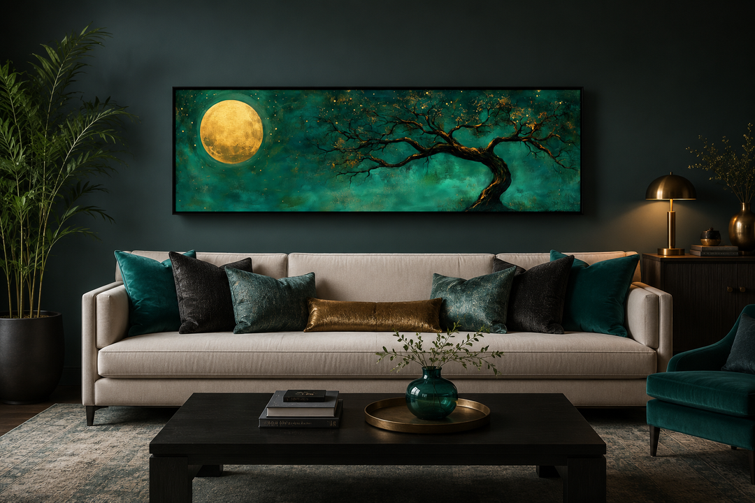 Long horizontal wall art of a golden moon and tree on an emerald green background above a sofa.