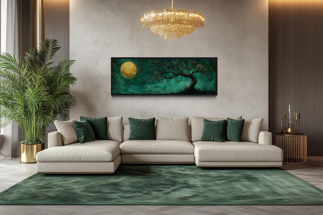 Tree And Moon Emerald Green and Gold Long Horizontal Wall Art