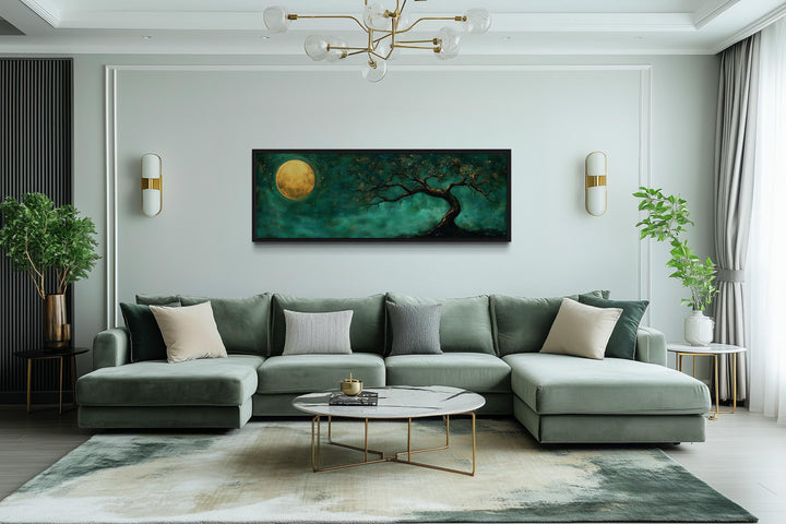 Tree And Moon Emerald Green and Gold Long Horizontal Wall Art