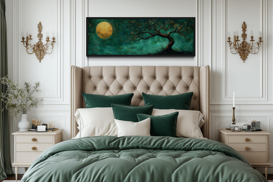 Tree And Moon Emerald Green and Gold Long Horizontal Wall Art