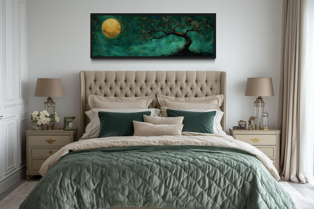 Tree And Moon Emerald Green and Gold Long Horizontal Wall Art